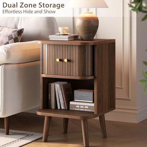 Fluted Nightstand Set of 2 with Charging Station, Walnut Bedside Tables