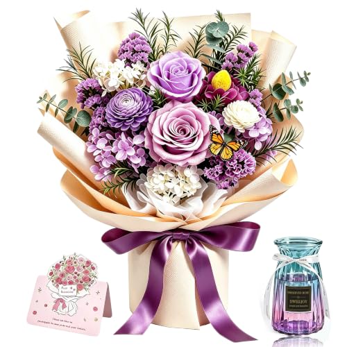 Preserved Purple Rose Bouquet with Glass Vase - Everlasting Floral Decor