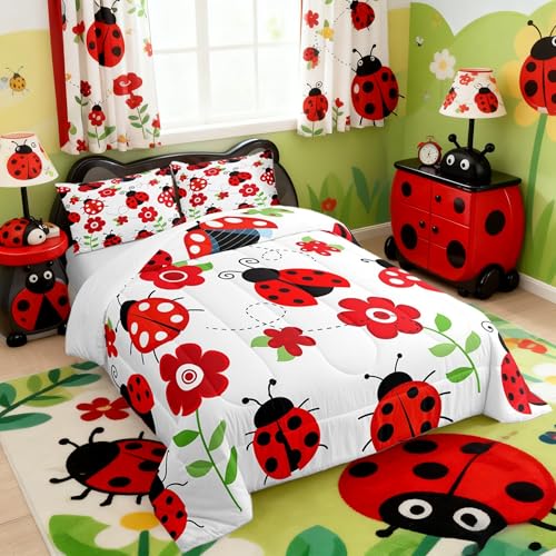 Castle Fairy Cute Ladybug Comforter Set Queen Red - Lightweight 2 Pillowcases