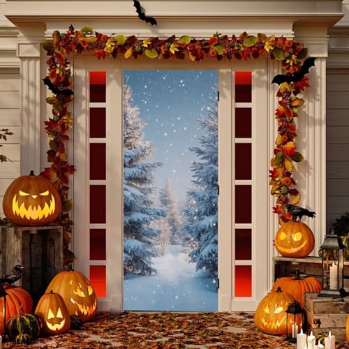 Burbuja 35 x 79 in Snowy Forest Door Cover - Stretch Fabric Backdrop for Holidays