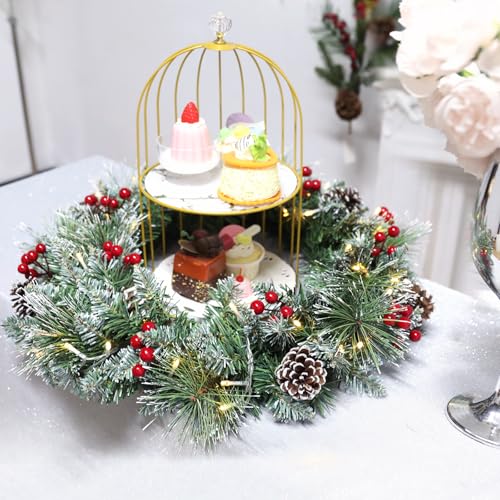 MUMTOP Pre-Lit Christmas Wreath D - 20 Inch Artificial Door Decor with LED Lights, Red Berries & Pine Cones