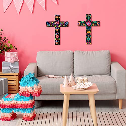 Mexican Floral Cross Wall Decor, 2 Pcs Hand Painted Wooden Wall Art