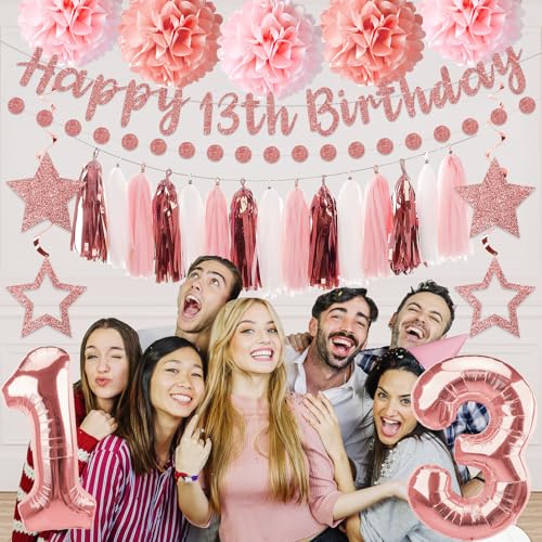 13th Birthday Decorations Kit for Girls, Pink and Rose Gold Party Supplies
