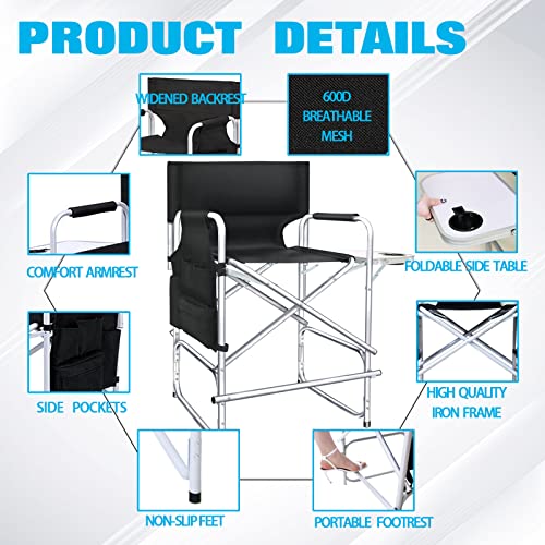 Folding Director's Makeup Chair with Side Table, Footrest, and Storage Pockets