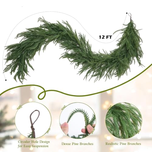 Pututoc 12 FT Norfolk Pine Garland - Realistic Christmas Greenery Decor, 2 Pack
