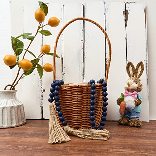 59-Inch Navy Blue Wood Bead Garland with Tassels, Rustic Farmhouse Decor