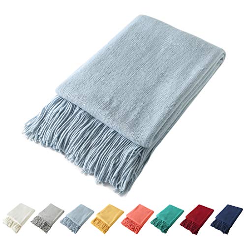 Pale Blue Knitted Throw Blanket with Fringe, 50x60 Inch Soft Acrylic