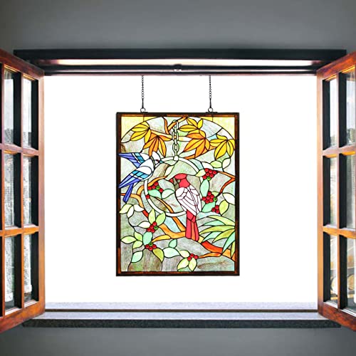 Tiffany Style Stained Glass Window Panel - Blue Jay & Cardinal, 18" x 24"