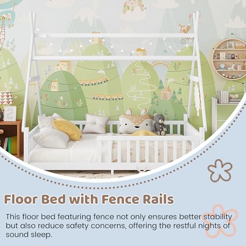 Full Size Montessori Floor Bed Frame with LED Light and Safety Rails