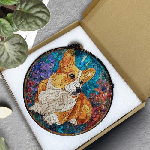 Corgi Flower Stained Glass Suncatcher - 7.9 Inch Window Decor