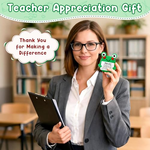 Handmade Crochet Frog Teacher Appreciation Gift with Thank You Card