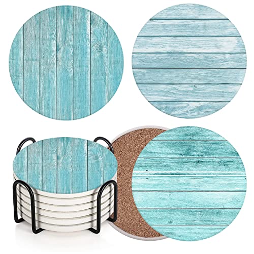Ceramic Drink Coasters Set of 6 with Cork Non-Slip Base & Metal Holder