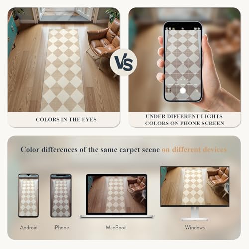 Checkered Print Runner Rug 2x6, Washable Non-Slip Faux Wool Kitchen Runner