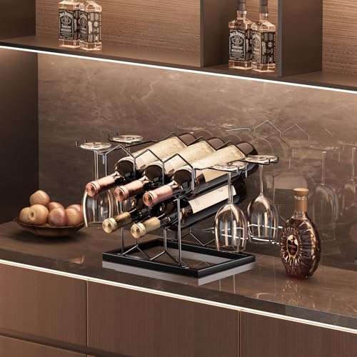 B4Life Black Countertop Wine Rack with Glass Holder - Holds 8 Bottles
