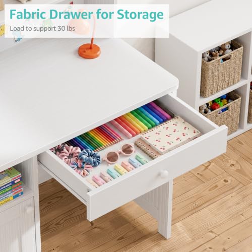 BOLUO Wooden Kids Study Desk with Storage & Chair Set, White for Ages 8-12