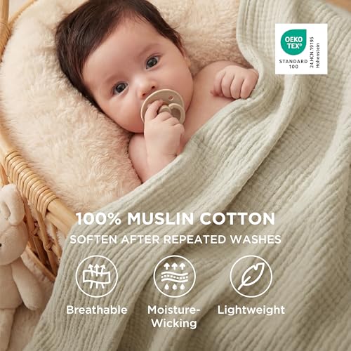 Bedsure 100% Cotton Muslin Throw Blanket - 4-Layer Gauze 50x70", Linen Beige