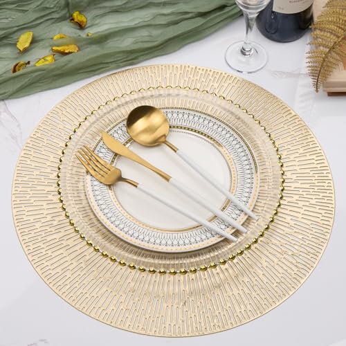 15 Inch Gold Round Placemats Set of 6 - AdasBridal Vinyl Table Mats, Pressed Metallic Decor