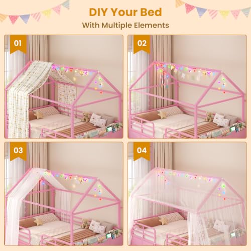 Full Size House Bed Frame with 6 Storage Drawers and Safety Guardrail