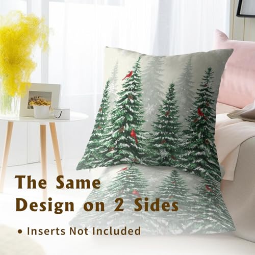 Harooni Winter Cardinal Bird Pine Tree Pillow Covers 20x20 Inch Set of 2 - Christmas Snow Forest Home Decor