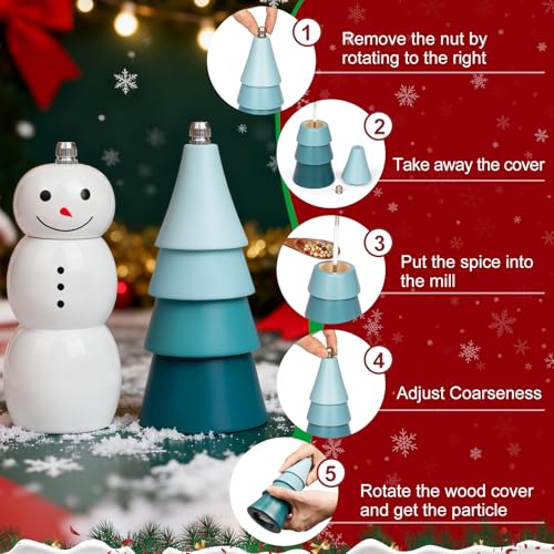 SETRON Christmas Salt & Pepper Grinder Set, Snowman & Tree with Ceramic Core, Refillable Manual Shakers