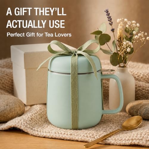 Tealyra Sumo Porcelain Loose Tea Mug with Infuser & Lid - Turquoise 15oz