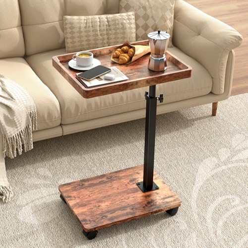 Adjustable C-Shaped Rolling Side Table with Swivel Tray and Wheels