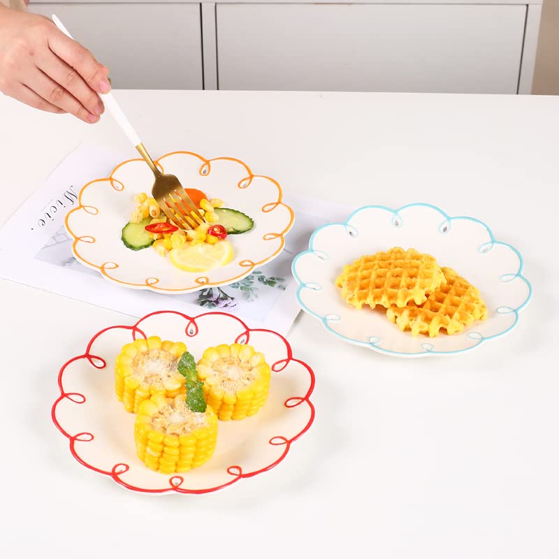 Colias Wing 8 Inches Red Edge Design Flower Shaped Ceramic Dinner Plates-Set of 2-White