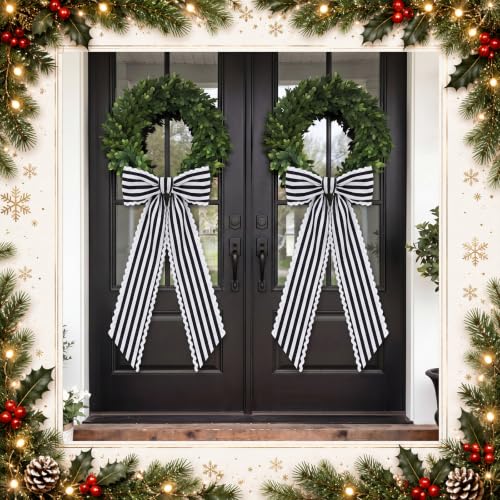 Black and White Striped Wreath Sash 2-Piece Set for Front Door Holiday Decor