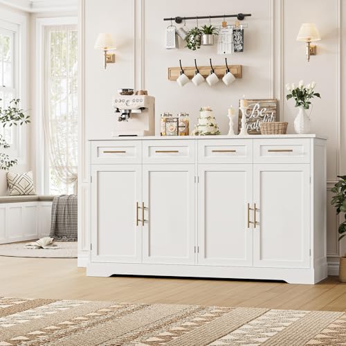60" Modern Sideboard Buffet Cabinet with 4 Drawers & Storage, White