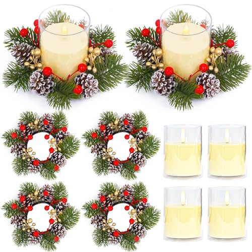 Acmee 4 Sets Christmas Candle Rings with Flameless Candles - 8 Pinecone, Red Gold Berry Wreaths
