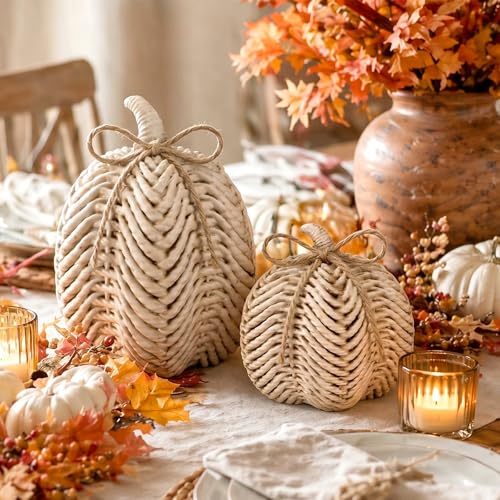 Set of 2 Resin Pumpkin Figurines, Faux Rattan White Fall Tabletop Decor