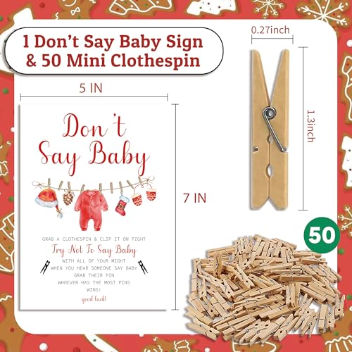 Christmas Baby Shower Game Kit with 50 Clothespins & Sign - Don't Say Baby