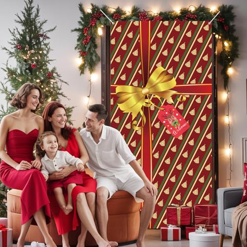 Jobkoo 185x90cm Red Merry Christmas Door Cover Banner - Outdoor/Indoor Gift Box Theme