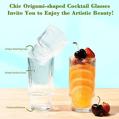 12-Piece Ribbed Glassware Set, Stackable Fluted Drinking Cups 7oz & 12oz