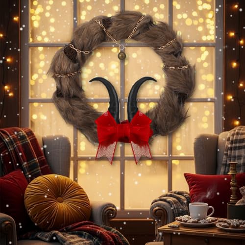 12-Inch Krampus Wreath with Faux Fur and Horns for Gothic Holiday Decor