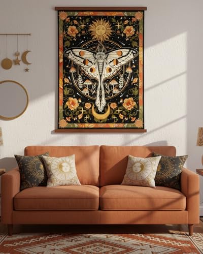 Vintage Orange Moth Tapestry - Boho Floral Mushroom Wall Hanging (30" x 40")