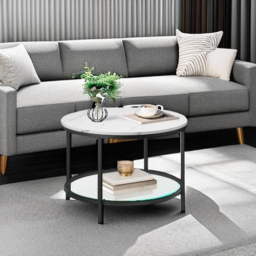 VASAGLE Round Coffee Table, 2-Tier Small Coffee Table with Faux Marble Top and Glass Shelf, Modern Style, for Living Room, 25.6 x 25.6 x 18.1 Inches, Marble White and Ink Black ULCT072W13
