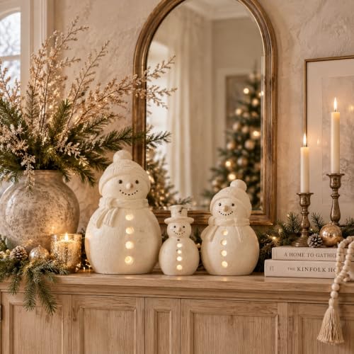 Skylety Rustic Terracotta LED Snowman Figurines Set - Christmas Decor, Battery-Powered Lights
