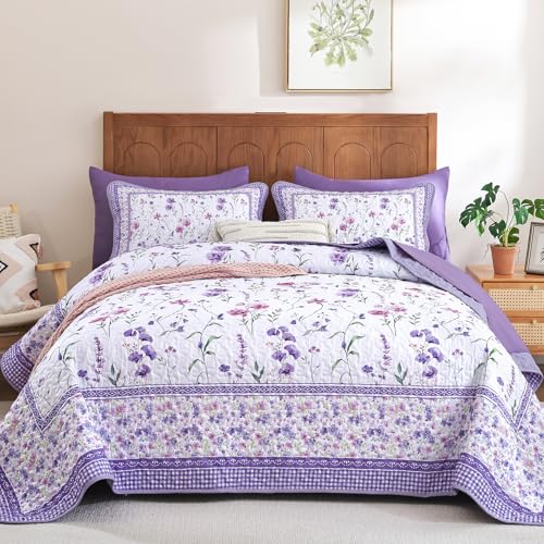 Floral Quilt Set Queen, Purple Flower Bedspread Coverlet for All Seasons