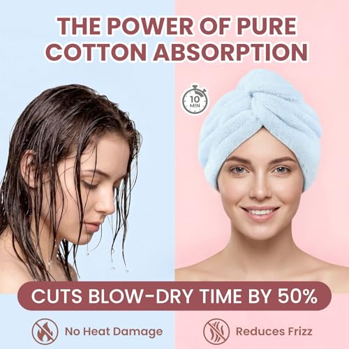 Mandydov Blue & Blush 100% Cotton Hair Towel Wrap for Women - 2 Pack, Ultra-Absorbent & Adjustable
