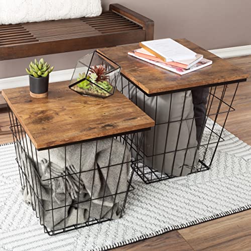 Nesting End Tables Set of 2 - Square Wood Top Side Tables with Storage Baskets