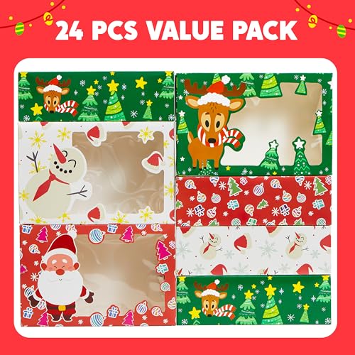JOYIN 24-Pack Christmas Foil Treat Box with Window, 8.75 x 5.75 x 2.75in, Red/Green/White | Holiday Gift Boxes