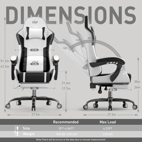 HLDIRECT Black & White Gaming Chair with USB Massage Lumbar Support – Ergonomic, Adjustable, Long-Lasting Comfort