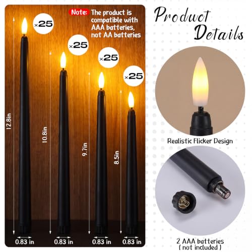 Baquler 100 Pcs Flameless Taper Candles - Black LED Candlesticks (Black) Flickering