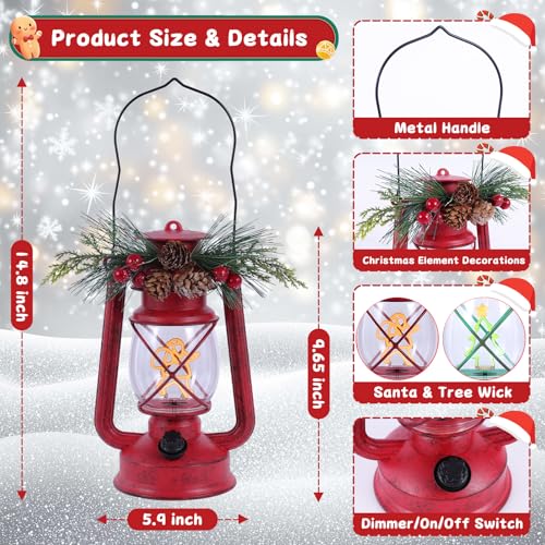 GlexpFesti 2-Pack Christmas Decorative Lanterns with Dimmable Light Wick - Red & Green