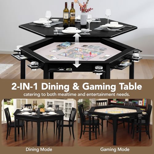 Hexagonal Solid Wood Board Game Table with Dining Top and Accessories
