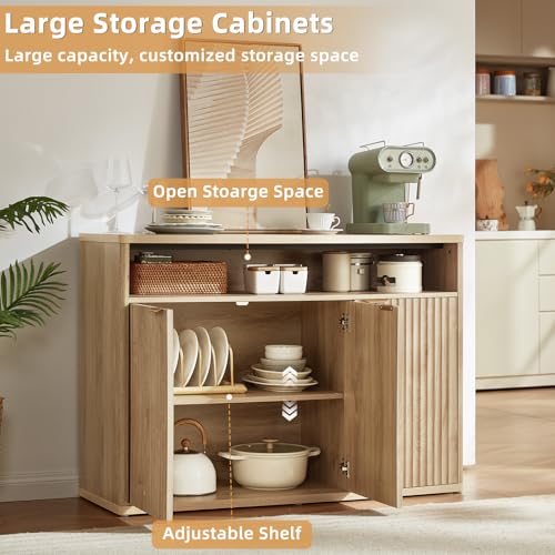 45-Inch Fluted Wood Buffet Cabinet with Adjustable Shelves and Open Storage