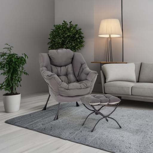 Upholstered Lazy Chair with Ottoman - Comfy Accent Reading Chair Dark Grey