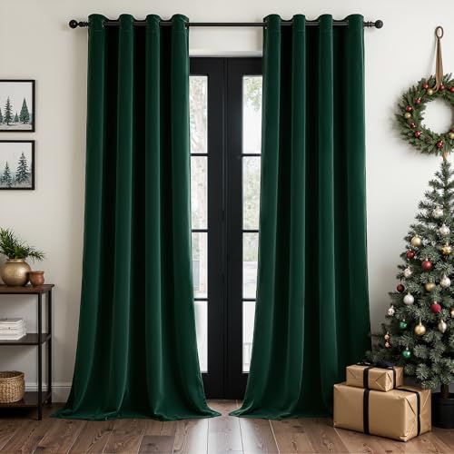 Dark Green Velvet Blackout Curtains 108 Inches Long - Pack of 2, Grommet Top, Heavy Thermal Insulated for Living Room and Large Windows