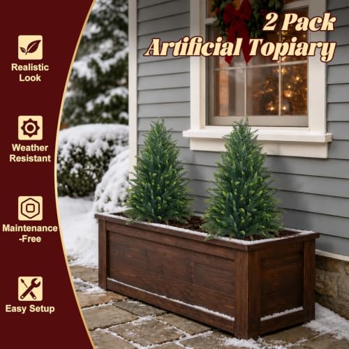 Yangrass 2 Pack 36-Inch Artificial Cedar Topiary Trees for Outdoor Garden & Patio, UV-Resistant, Full Shape